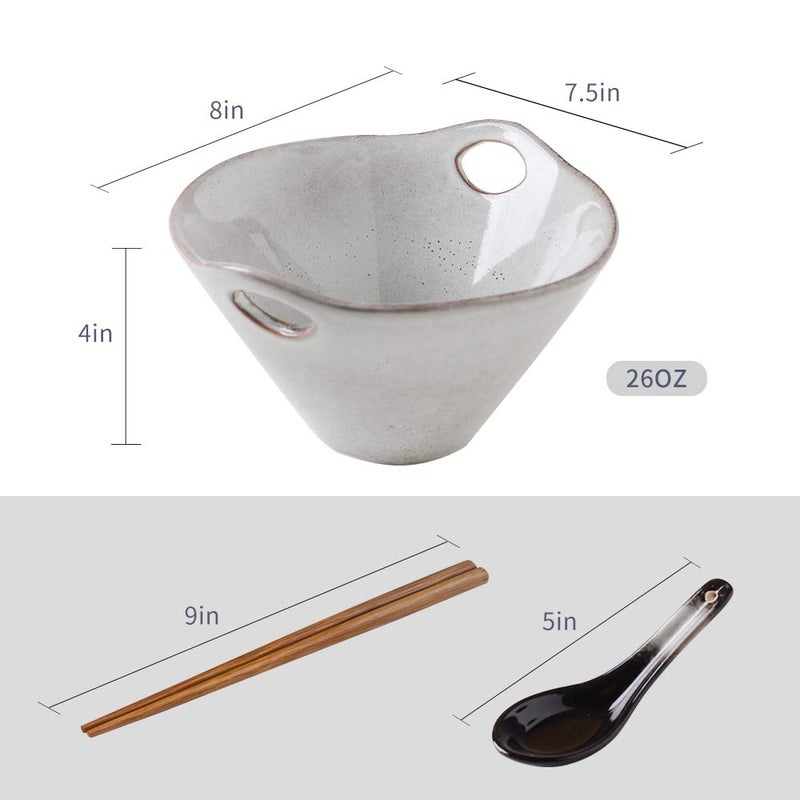 KOOV Porcelain Ramen Bowls and Spoons Set of 2 - Japanese Ramen Noodle Bowl with Chopsticks and Spoons, 26 Ounce Deep Pho Bowl, Reactive Glaze (Variable Grey) - Image 3